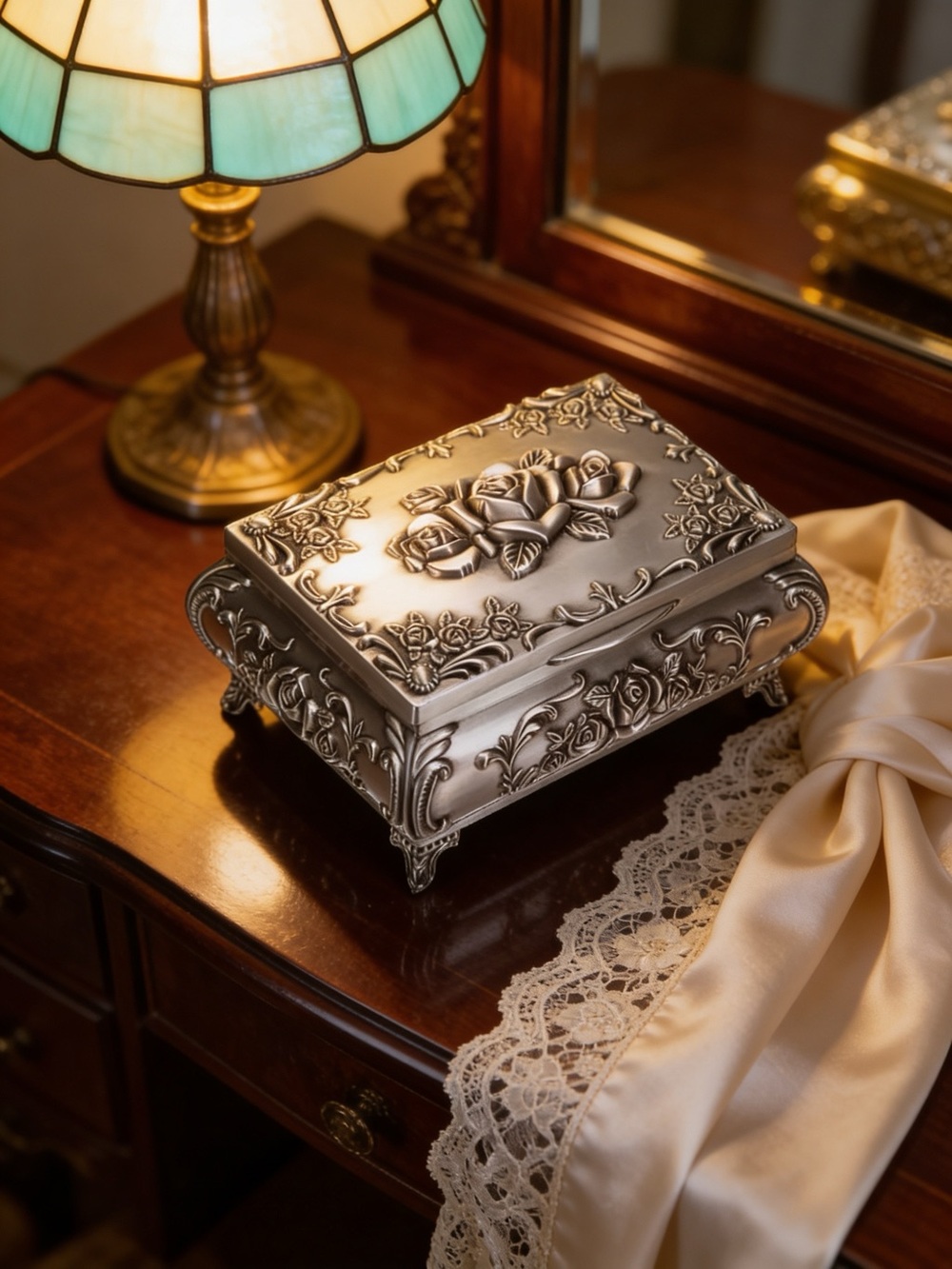 Small Silver color metal Floral Embossed Trinket Jewelry Box